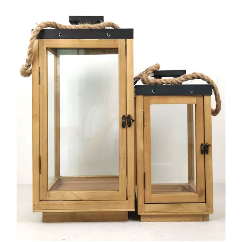 Set Of 2 Brown Wooden Frame With Black Accents And Rope Handles   Lanterns
