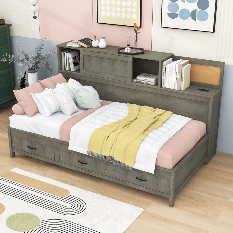 3 Drawers Wooden Daybed with Pushable Shelf, USB & Socket Charging Station, Gray, Twin