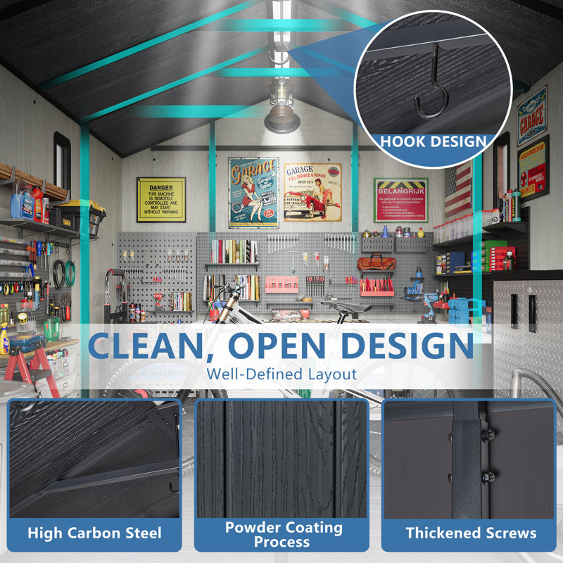 Outdoor Storage Tool Shed With Door And Floor, Plastic Outdoor Storage Shed With Steel Frame, Grey, Gray, 8'*8'
