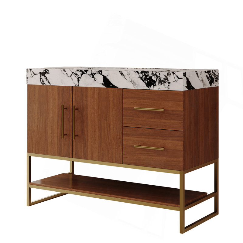 Meuble-lavabo autoportant moderne 36 po avec lavabo en céramique sans couture et plateau en pierre frittée, Center, Black