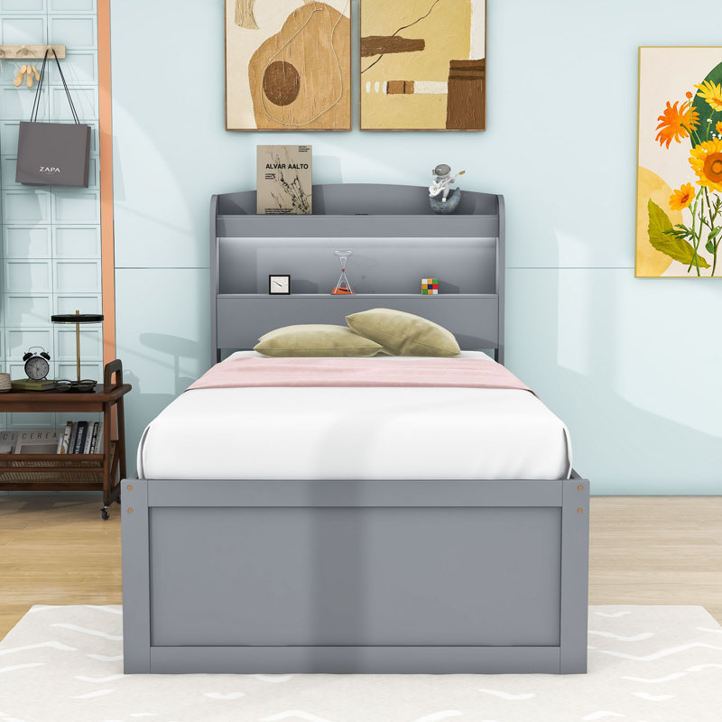 Eddra Size Multifunctional Platform Bed with LED Headboard,  Storage, and Pull-Out Twin Trundle, Gray, Twin XL