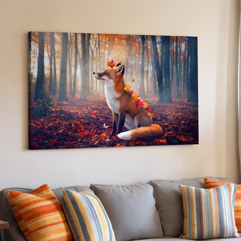 Toile, scène animée sereine avec un renard assis gracieusement au milieu d'un art mural, H 9 po x l 12 po