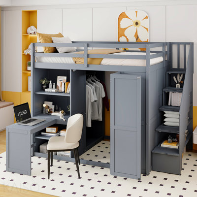 Structure de lit double pleine grandeur avec rangement pour garde-robe intégré, bureau et tablettes, gris