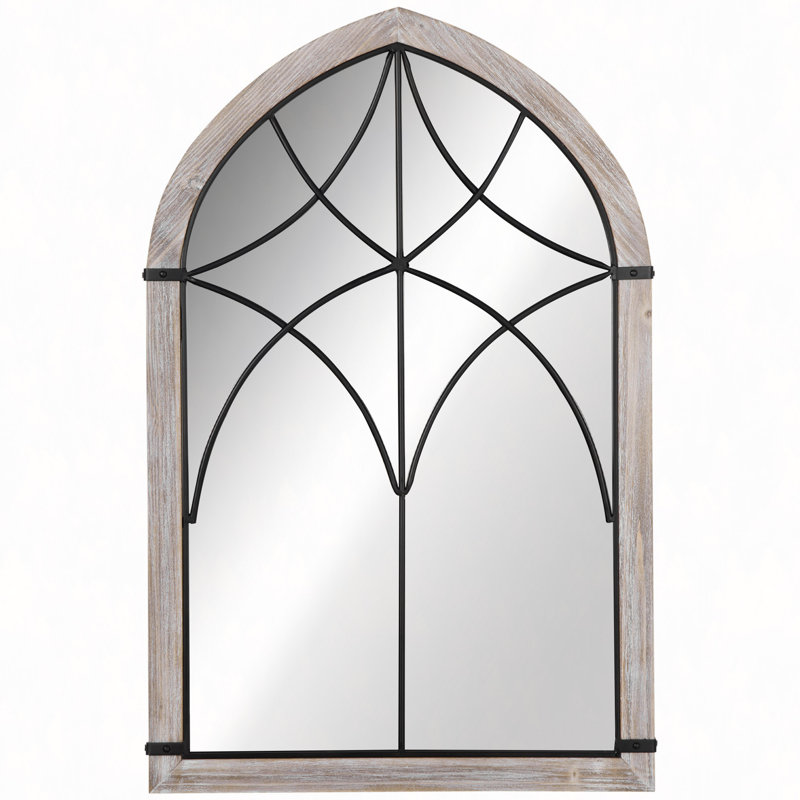 Grand miroir mural de style campagne 36,5 "x 23,5", miroir de fenêtre arqué pour décoration murale salon, chambre à coucher, vestibule, grain de bois rustique