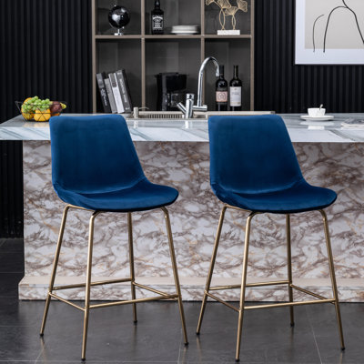 2 tabourets de comptoir en velours bleu 26,50 - et moderne (2), construction en métal avec repose-pieds, revêtement doux