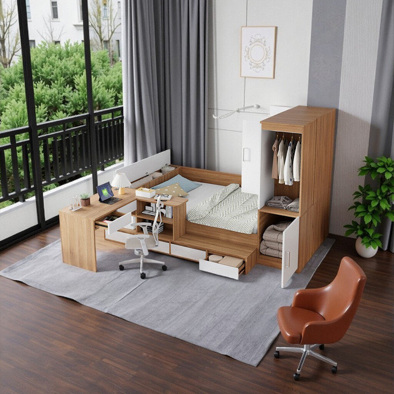 Lit plateforme avec rangement 104,9 "avec bureau et garde-robe - Pleine grandeur, Brun / Blanc