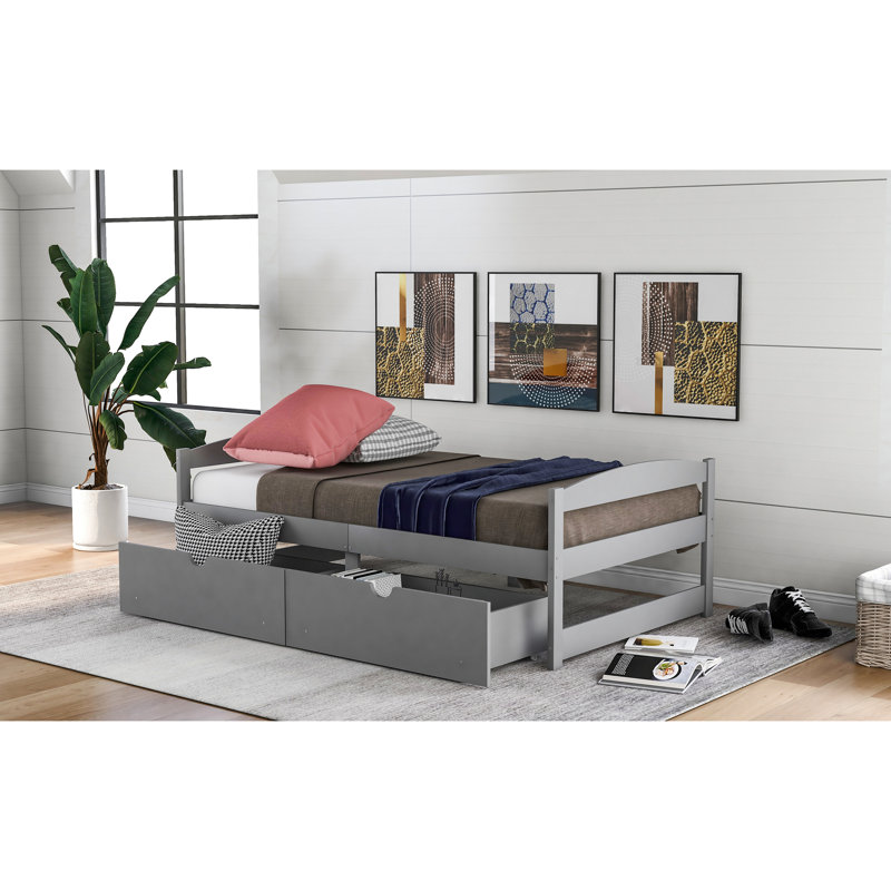 Lit plateforme exquis avec tiroirs gris - Créez une solution de rangement pratique et élégante pour la chambre à coucher
