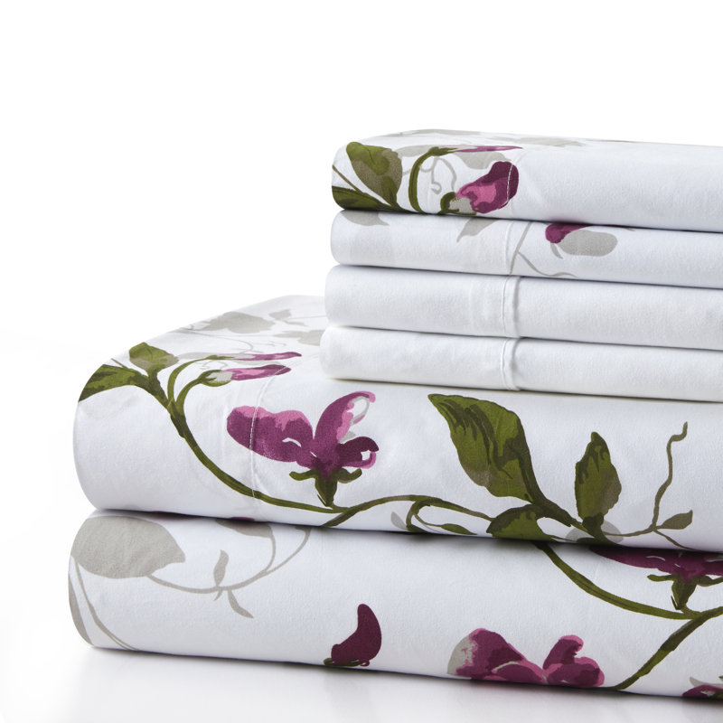 Queen Pink Floral Print Bamboo Polyester Deep Pocket Bedding Set