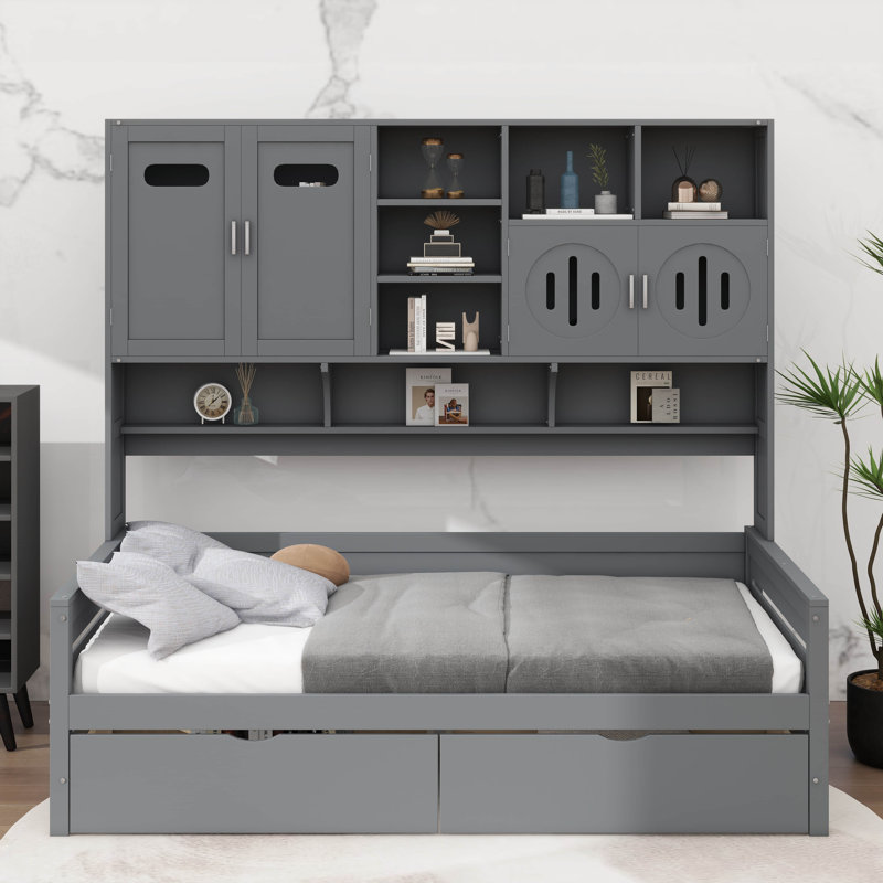 A Twin-Sized Wooden Daybed Featuring Two Built-In Drawers And A Convenient Shelf, Grey