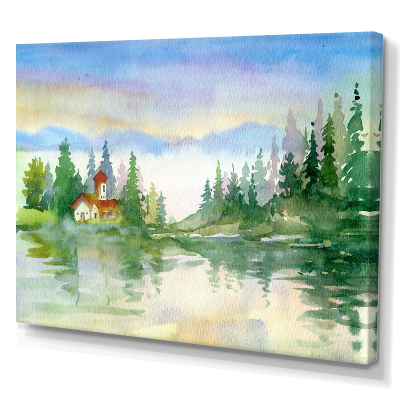 Paysage de rivière d'été avec arbres verts - Peinture sur toile, H 16 po x l 32 po, Toile tendue
