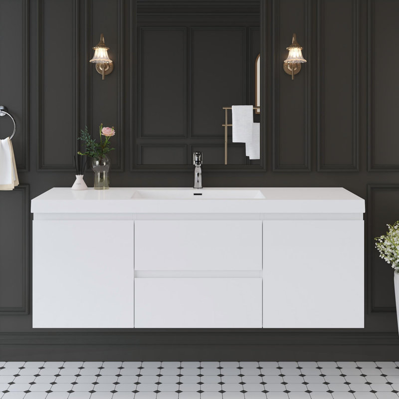 60" Floating Bathroom Vanity Modern Wall-Mounted Single Vanity with Integrated Resin Top Basin, 2 Cabinets and 2 Soft Close Drawers, Full Assembly