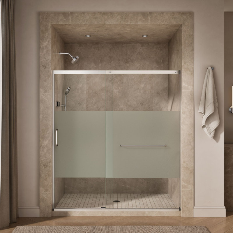 Sliding Shower Door, 75-1/2-In H X 68-1/4 - 71-5/8-In W, With Heavy 5/16-In Thick Crystal Clear Glass With Privacy Band