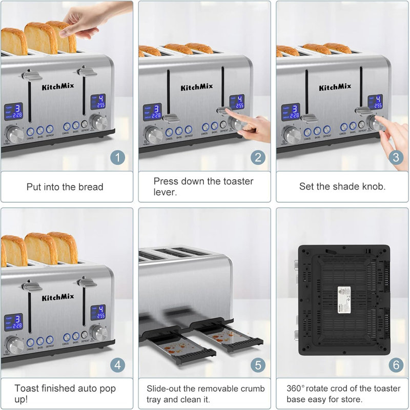 Stainless Steel 4-Slice Toaster with LCD Timer and Wide Slots