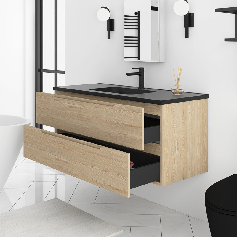 Ensemble de meuble-lavabo mural simple 48 po en chêne Evita avec plateau en quartz intégré