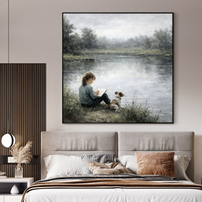 Très grand art mural imprimé sur toile - Garçon et chien, scène de lac rétro, décor de chambre à coucher - "Assemblage requis (cadre non fini)"