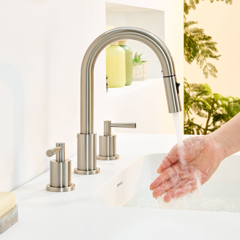 8 In. Widespread Double Handles Pull Down Bathroom Sink Faucet With Dual Mode Spout And Pop Up Drain, Brushed Nickel