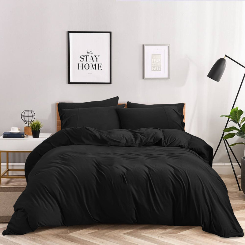 Kamiaya Plain Microfibre 200TC Reversible Duvet Cover Set, Black, Kingsize Duvet Cover + 2 Pillowcases