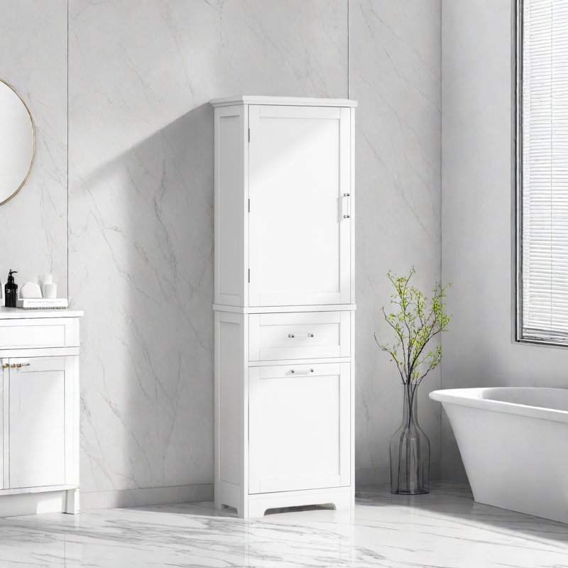 Grande armoire de rangement pour salle de bain, armoire de rangement autoportante avec deux tiroirs de taille différente et tablette réglable