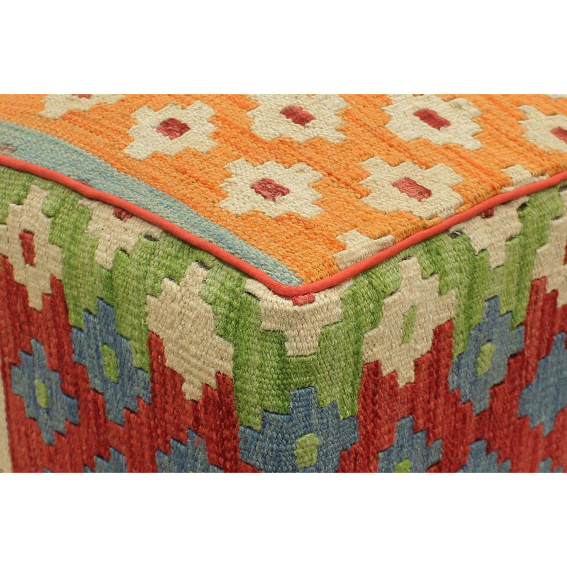 Repose-pieds standard carré de 15 po de largeur Aprea, Bleu / beige / rouge foncé / laine orange