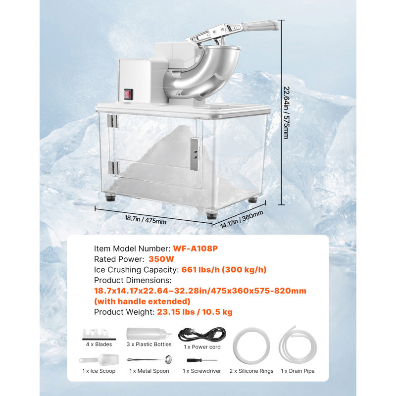 Commercial Ice Crusher 661LBS/H, 350W Electric Snow Cone Machine with 4 Blades, 1400RPM Stainless Steel Shaved Ice Machine with 11 Gal Crushed-Ice Box, White, Designed for Family Restaurants Bars