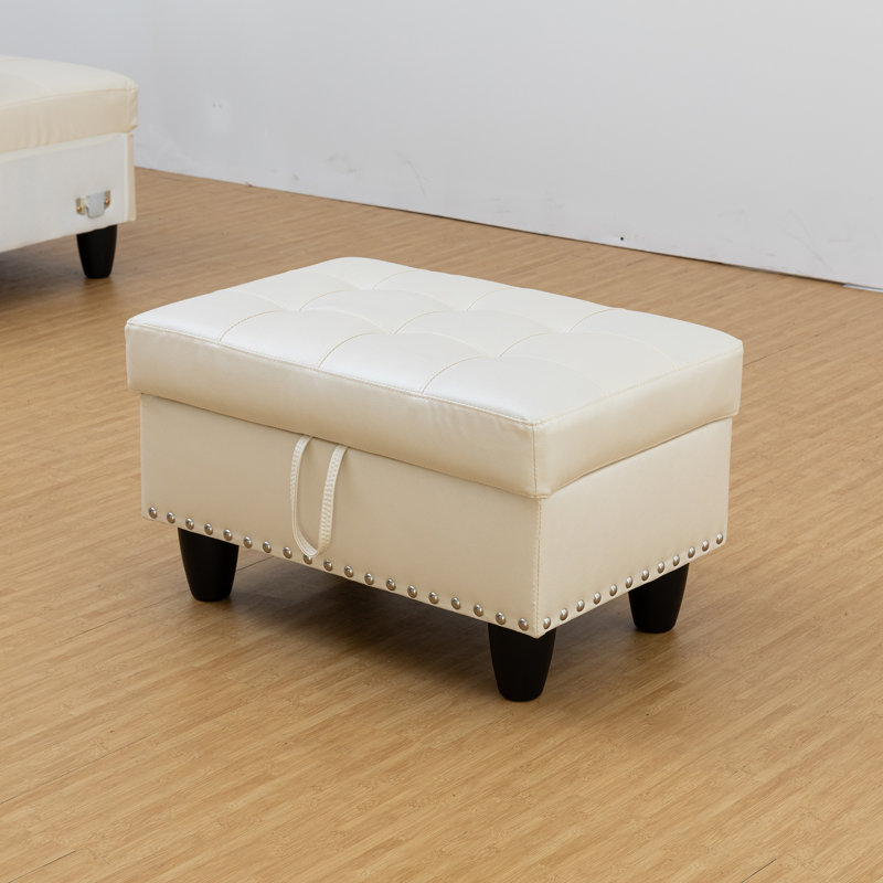 Yinn Upholstered Standard Storage Ottomans with Nails, White Faux Leather