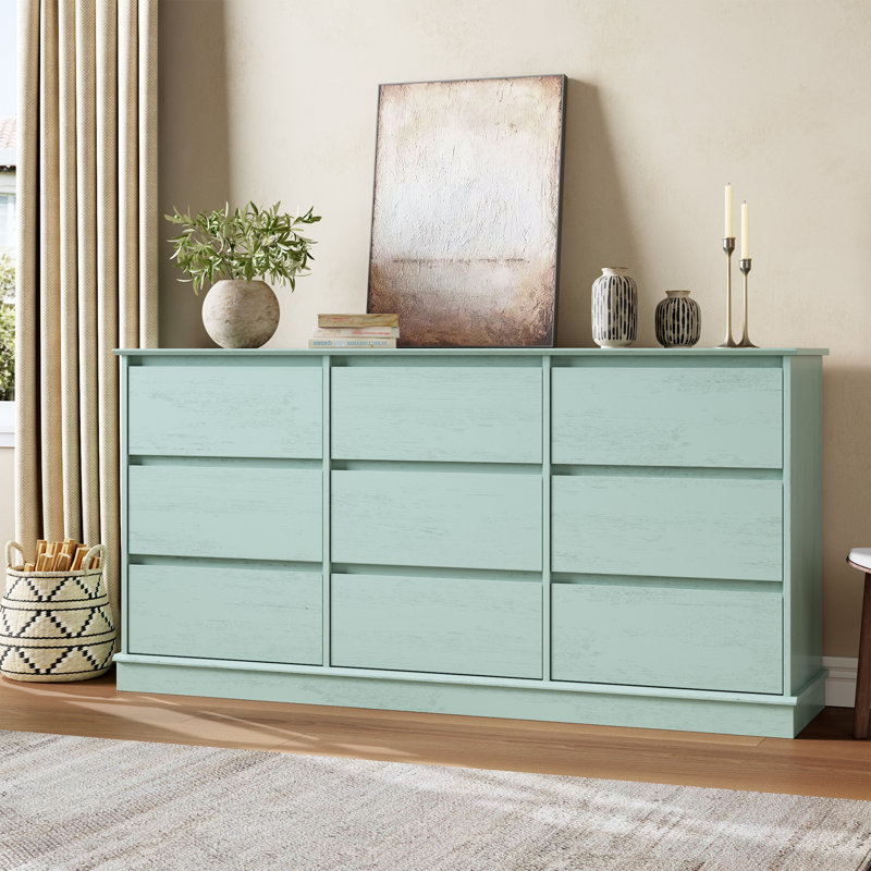 Commode 9 tiroirs en bois pour la chambre à coucher, grande commode avec rangement profond, plateau large pour placard, salon, chambre d'enfant, vert
