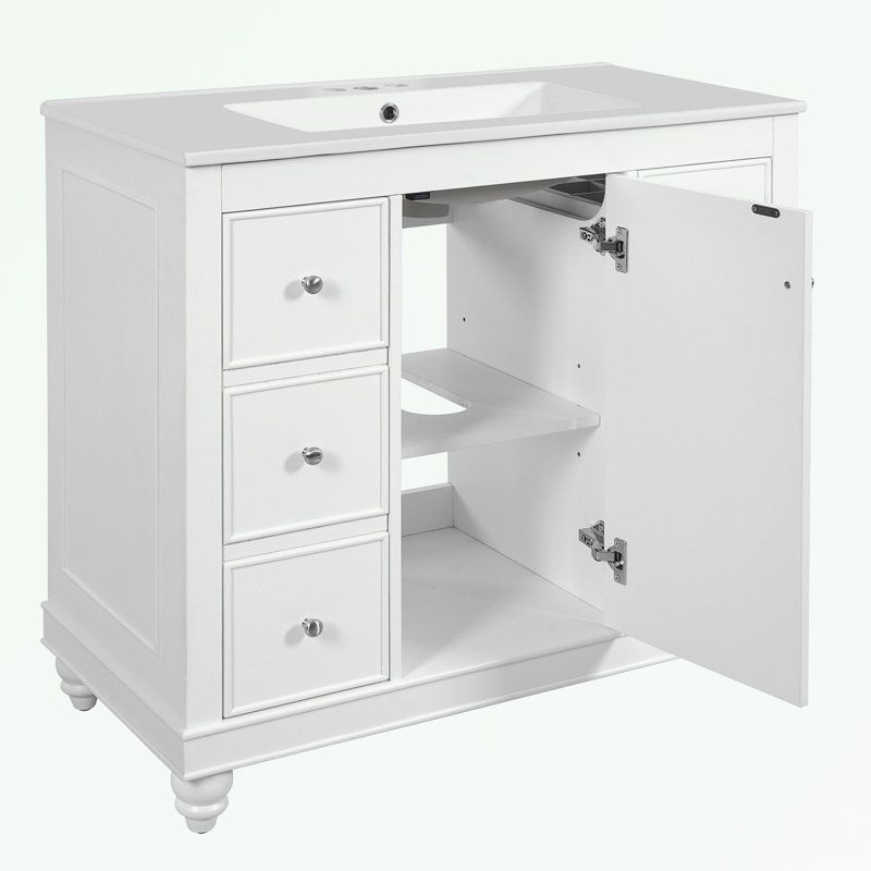 Meuble-lavabo avec lavabo en céramique, 4 tiroirs et 1 porte, Blanc