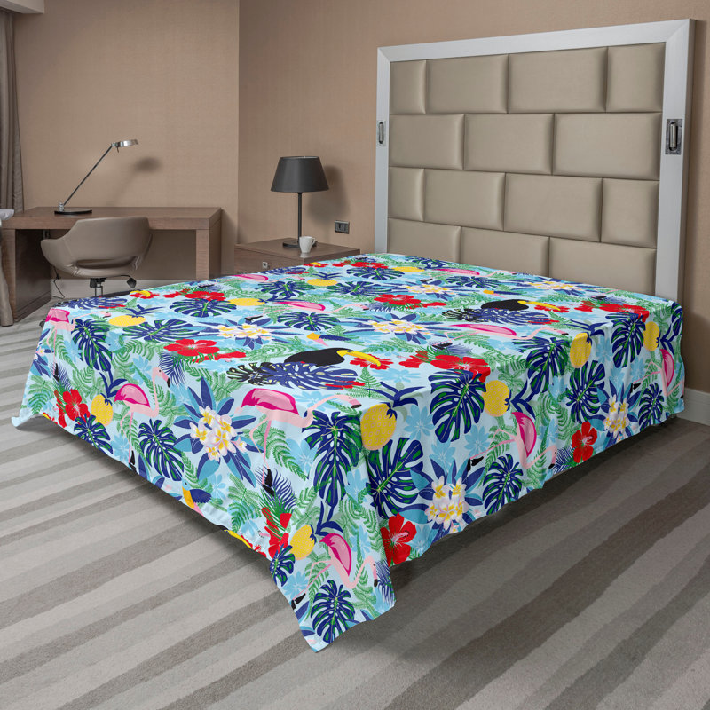 Drap plat Ambesonne Exotic Birds Toucan Flamingo Floral bleu ciel multicolore, Drap plat de taille double