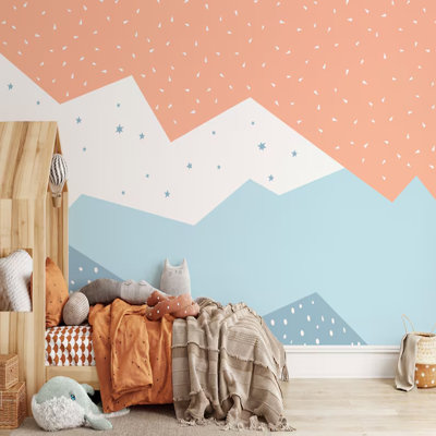 Murale montagne pastel, papier peint géométrique pêche bleu, décor de chambre d'enfant scandinave, art mural minimaliste amovible