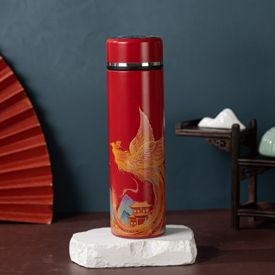 Insulated Coffee Tea Travel Thermos Mug Water Bottle With Removable Strainer And Temperature Featuring Chinese Art Design - 16.9 Fl Oz (Red Phoenix)