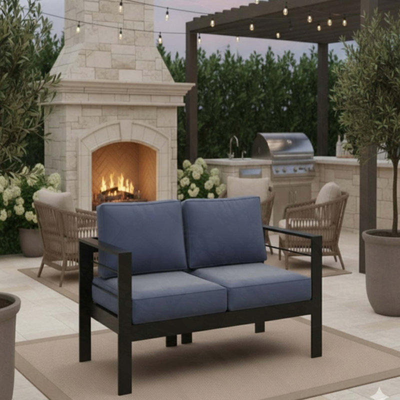 Causeuse de patio en aluminium toutes saisons de 50 po avec coussins bleus épais et structure noire