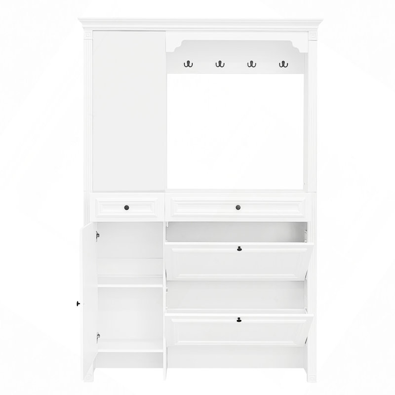54.7'' Hall Tree With Integrated Shoe Cabinet, Mirrored Door, Coat Hanger, And Entryway Bench, 4-In-1 Design, 2 Flip Drawers, 4 Hooks, And 2 Cabinets For Entrance And Living Room