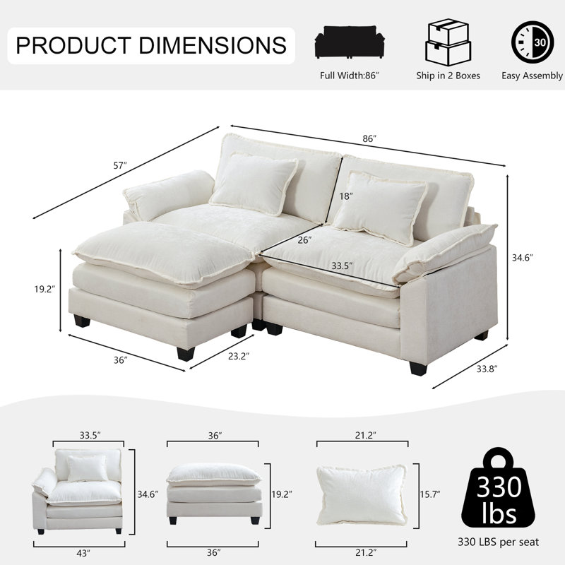 Gillina Upholstered Sectional Reversible, White