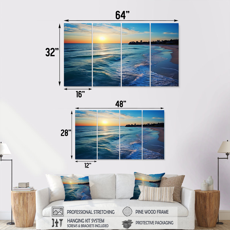 «Tranquil Shores Sunset Beach Horizon V - Coastal Beach», art mural 4 pièces pour le salon, H 28 po x l 48 po