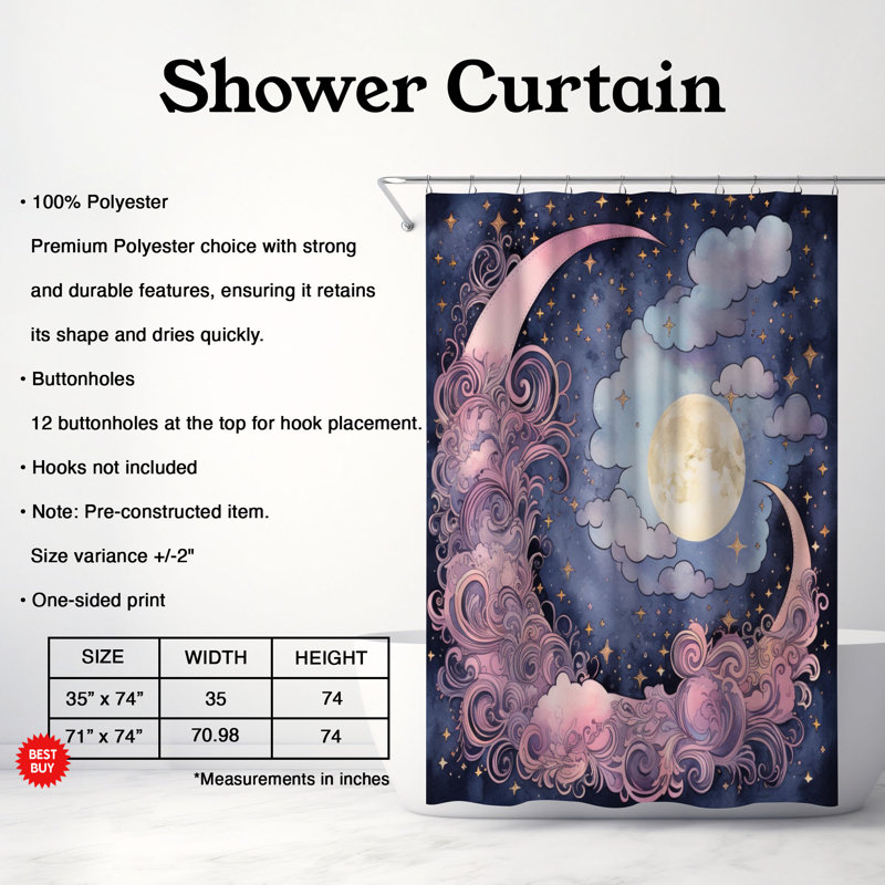 Rideau de douche 1 pièce Moon Glow, H 74 po x l 71 po