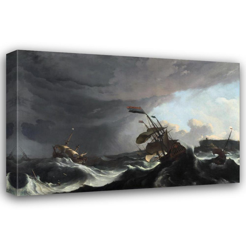 «Navires de guerre dans une tempête lourde» par Ludolf Bakhuysen - Art mural sur toile tendue avec châssis, H 18 po x l 14 po