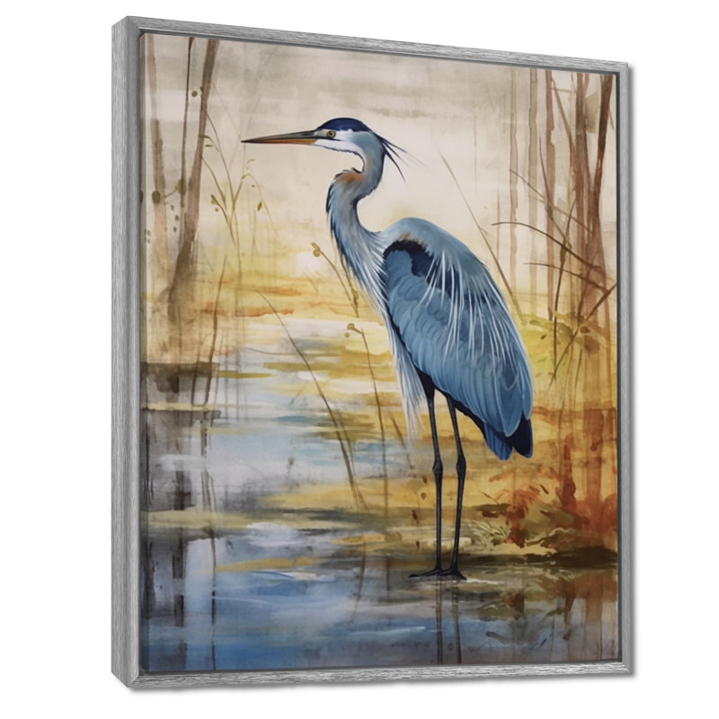«Blue Heron» par Watersite Watercolor - oiseau, art mural, Cadre argenté flottant, 32" H x 16" W