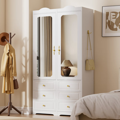 31.5" W White 2-door Mirrored Wardrobe Armoire With Left & Right Opening Design, 3 Drawers, Adjustable Shelves & Led Light