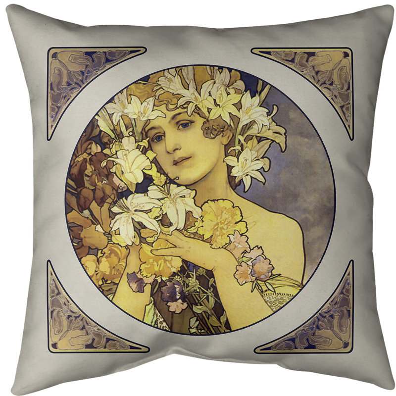 Housse de coussin alphonse mucha couronne de fleurs, 14 po x 14 po, Jaune, Sergé de coton