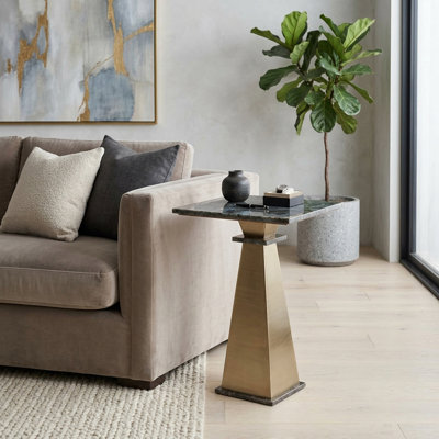 Table d'appoint contemporaine sur pied avec plateau en pierre et structure en métal, idéale pour le bureau et le salon - Table d'appoint décorative étroite à placer à côté du canapé - 63,5 cm, or et gris