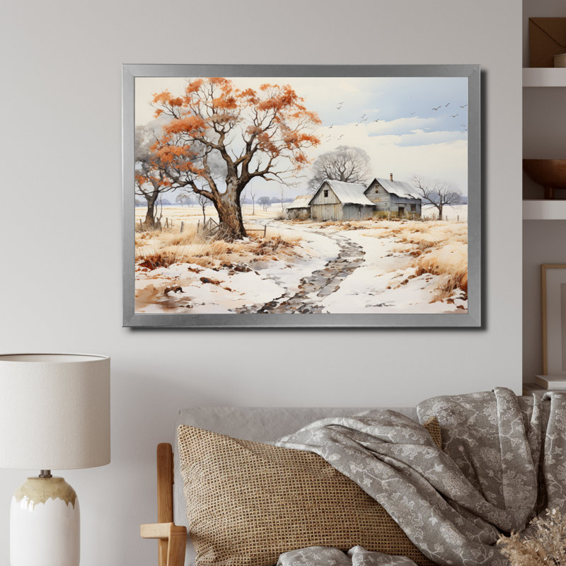 Martise Farmhouse Farmstead Winter Pointillism II - impression, H 16 po x l 32 po x P 1 po, Cadre simple argenté