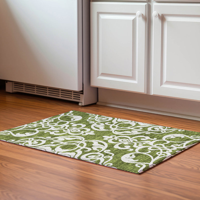 Premium Machine Washable Prisco Green Rug, Rectangle 1'8" x 2'6"