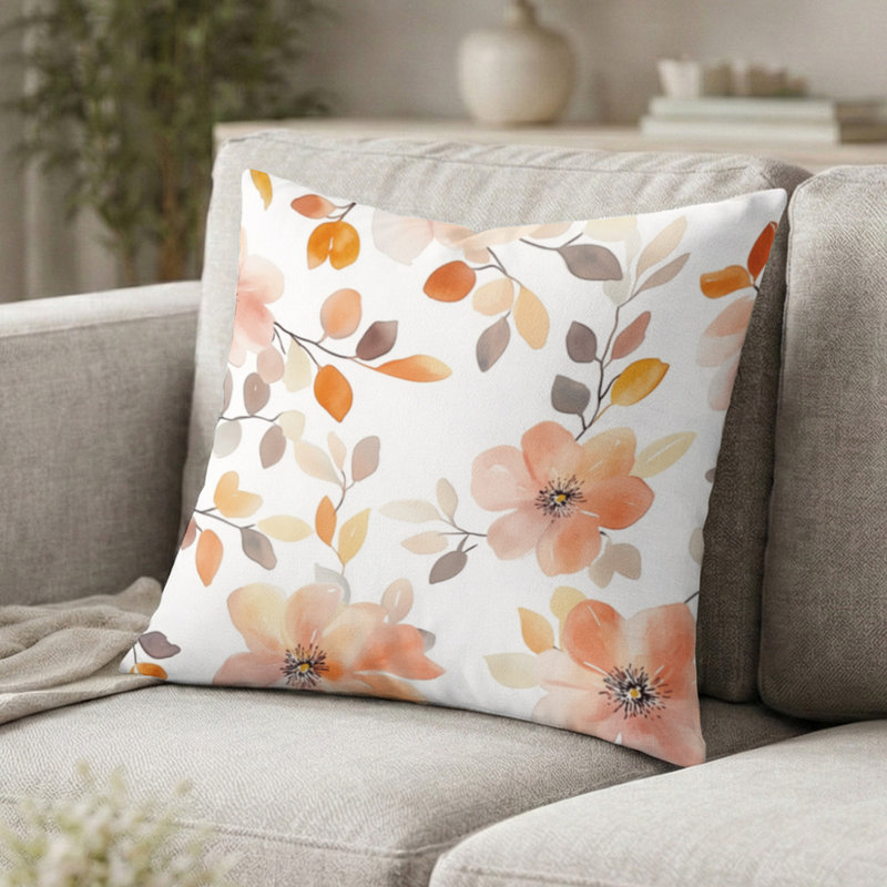 Coussin décoratif Boho - imprimé floral orange et cerisier blanc, H 18 po x l 18 po