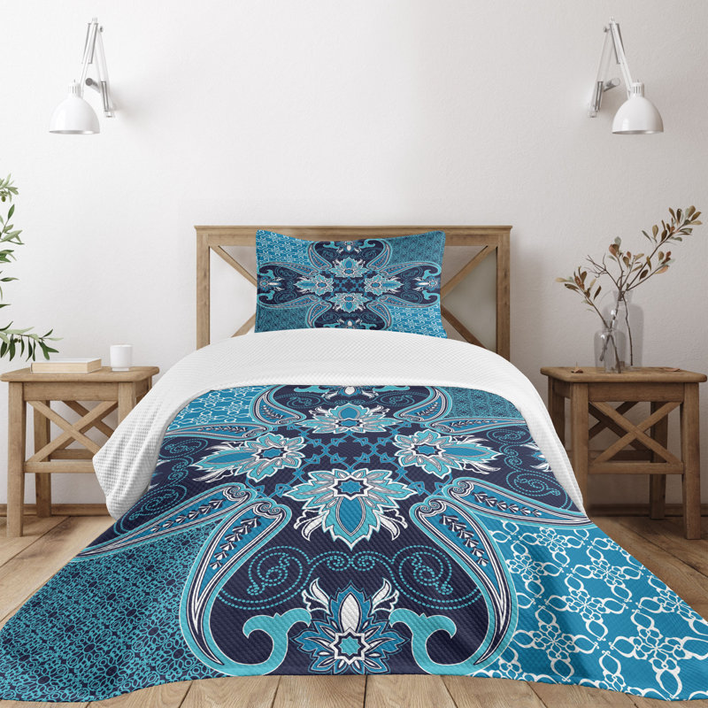 Twin Blue Quilted Bedspread Set with Pillow Sham