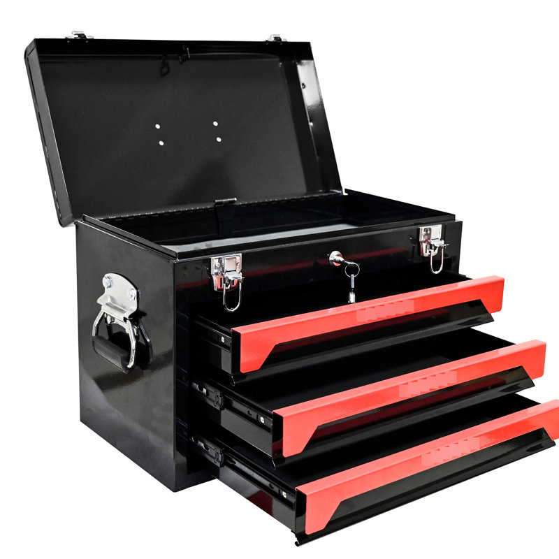 Boîte à outils 20 po à 3 tiroirs en acier, noir et rouge, glissière à roulement, loquet en métal, option de rangement polyvalent portable noir et rouge, fabrication fiable