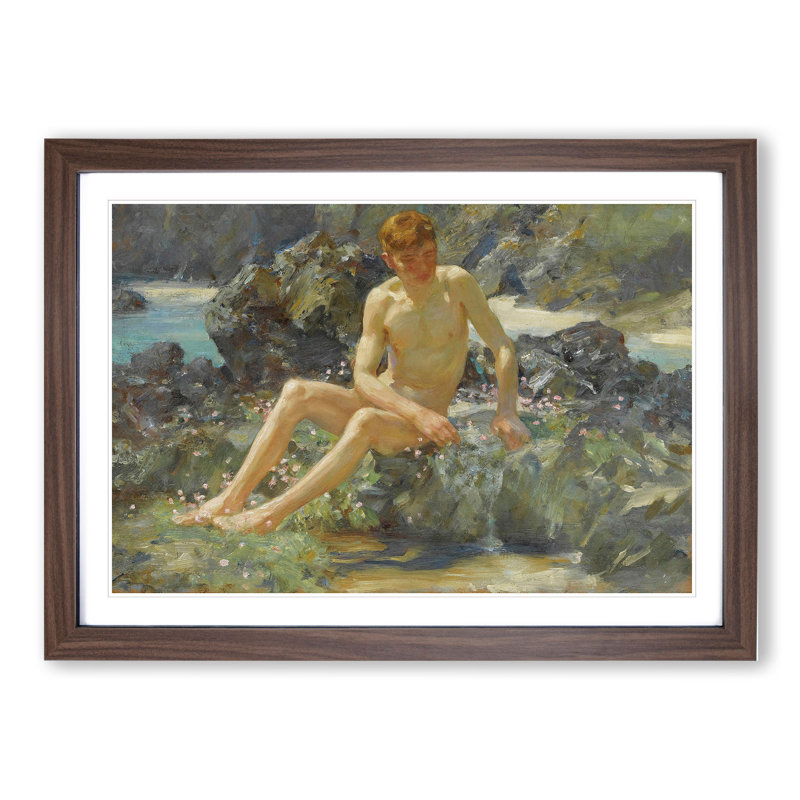 Nude Man on the Rocks by Henry Scott Tuke - Picture Frame Painting, Walnut Framed, 48cm H x 65cm W x 2cm D