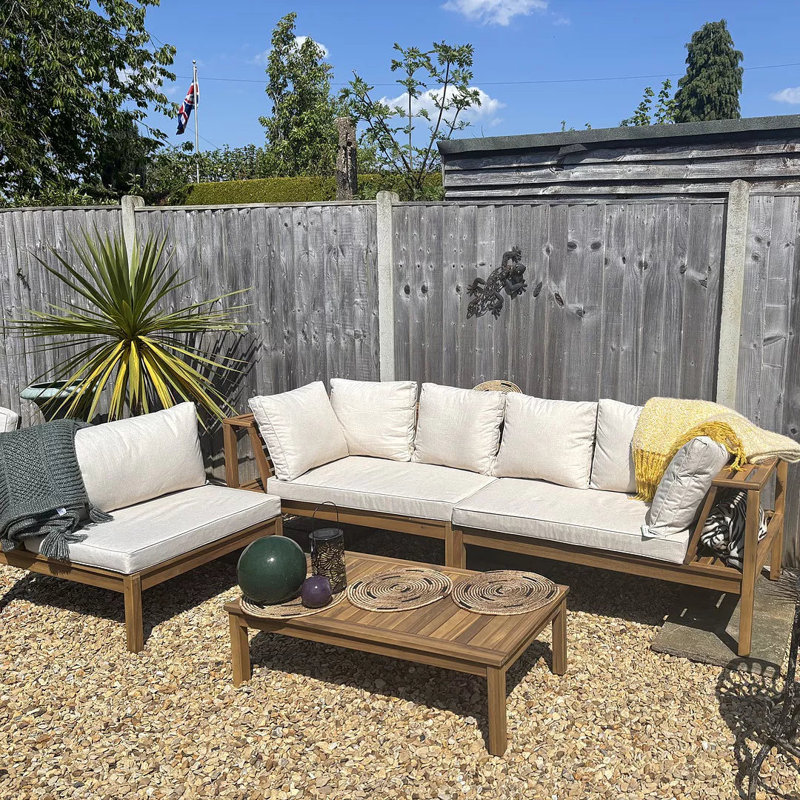 Collinward 240cm Wide L-Shaped Acacia Patio Sectional Set with Cushions, Natural, No Umbrella