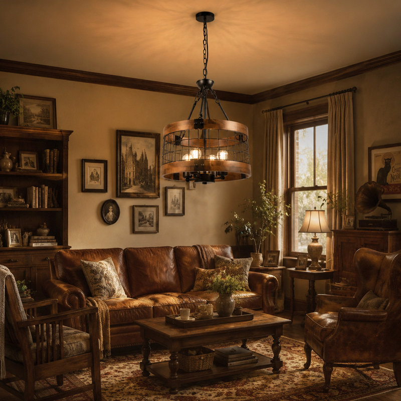 Lustre rustique en bois à 4 lumières Farmhouse