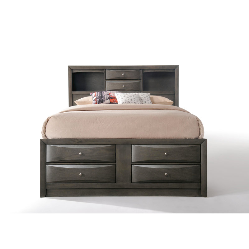 Lit de rangement double en chêne gris - aucun sommier requis, structure en bois, bibliothèque rectangulaire TB For Requirement, 8 tiroirs, structure,