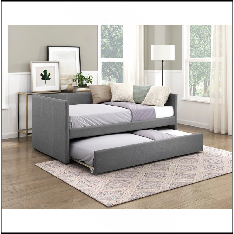 1Pc Daybed With Trundle Fabric Upholstery Wooden Frame Modern Home Furniture, Dark Gray